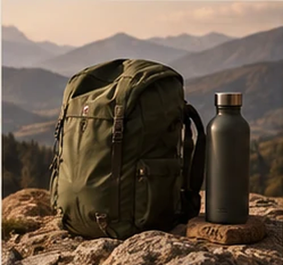 Outdoor backpack and bottle in a mountain setting