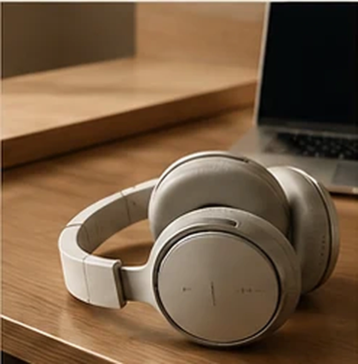 Headphones and laptop on a wooden desk